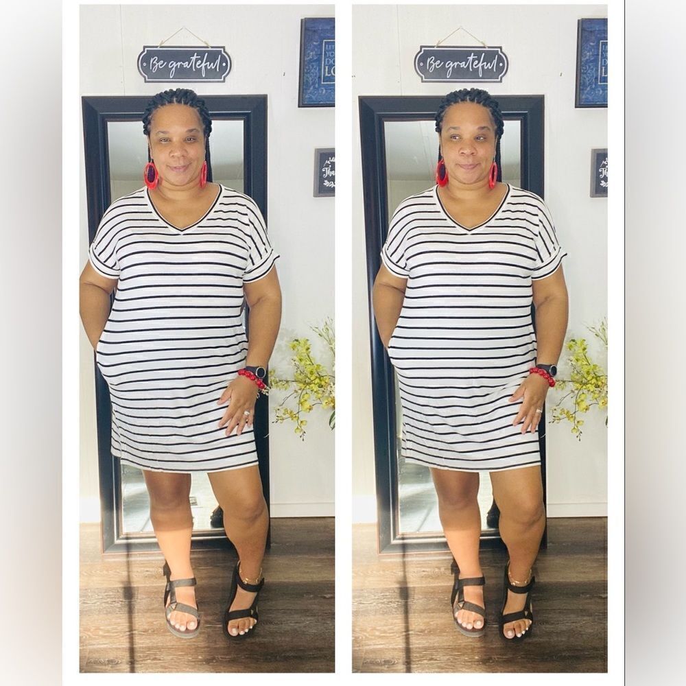 White and Black Stripe Stretchy T-Shirt Dress